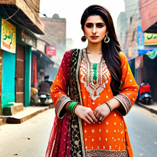 Home 4 Character design showcasing cultural elements: A character with clothing and accessories inspired by traditional Pakistani fashion, set in a vibrant street scene of Lahore.