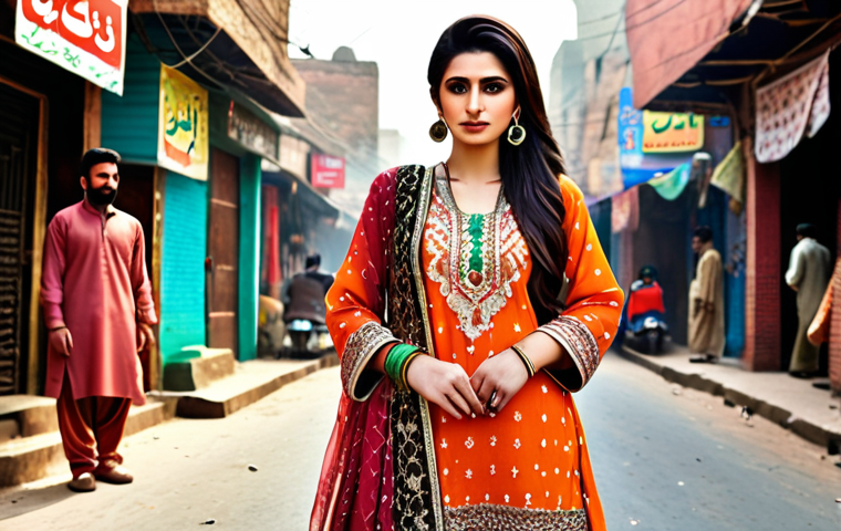 Character design showcasing cultural elements: A character with clothing and accessories inspired by traditional Pakistani fashion, set in a vibrant street scene of Lahore.