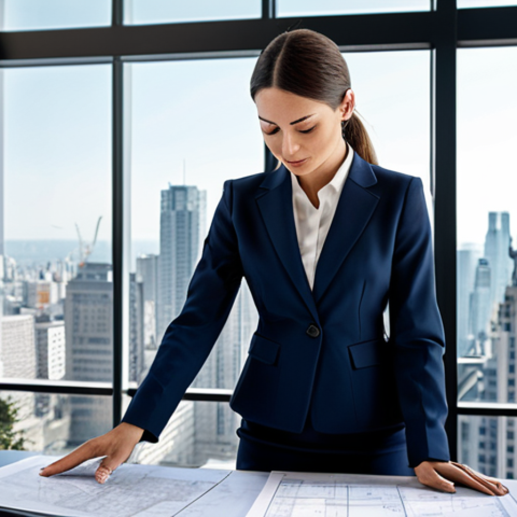 **

A professional female architect in a modern office setting, reviewing blueprints. She's wearing a stylish, fully clothed business suit with a modest skirt and blouse. The office has large windows with a cityscape view. Perfect anatomy, well-formed hands, natural pose, appropriate attire, safe for work, high quality.

**