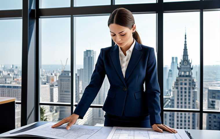 **

A professional female architect in a modern office setting, reviewing blueprints. She's wearing a stylish, fully clothed business suit with a modest skirt and blouse. The office has large windows with a cityscape view. Perfect anatomy, well-formed hands, natural pose, appropriate attire, safe for work, high quality.

**