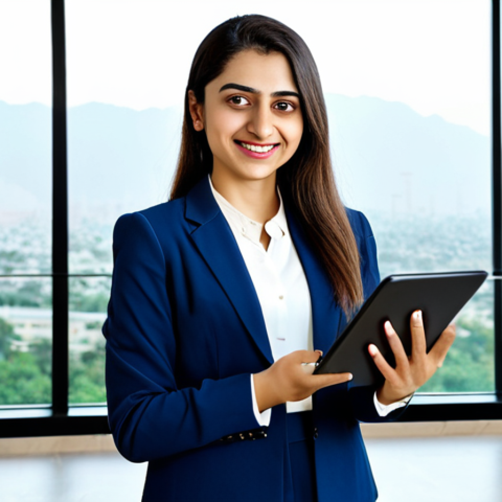 **

"A confident female software engineer, fully clothed in a modest business-casual outfit (dress pants and a blouse with a blazer), stands in a bright, modern office with large windows overlooking Islamabad, Pakistan. She is holding a tablet, looking directly at the viewer with a friendly smile. Perfect anatomy, correct proportions, well-formed hands, proper finger count, natural pose. Professional studio lighting, high resolution, safe for work, appropriate content, professional, family-friendly."

**