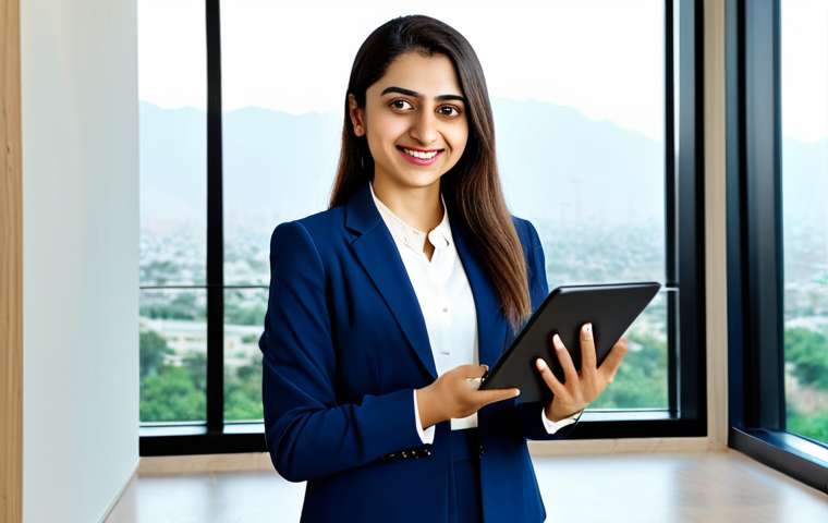 **

"A confident female software engineer, fully clothed in a modest business-casual outfit (dress pants and a blouse with a blazer), stands in a bright, modern office with large windows overlooking Islamabad, Pakistan. She is holding a tablet, looking directly at the viewer with a friendly smile. Perfect anatomy, correct proportions, well-formed hands, proper finger count, natural pose. Professional studio lighting, high resolution, safe for work, appropriate content, professional, family-friendly."

**