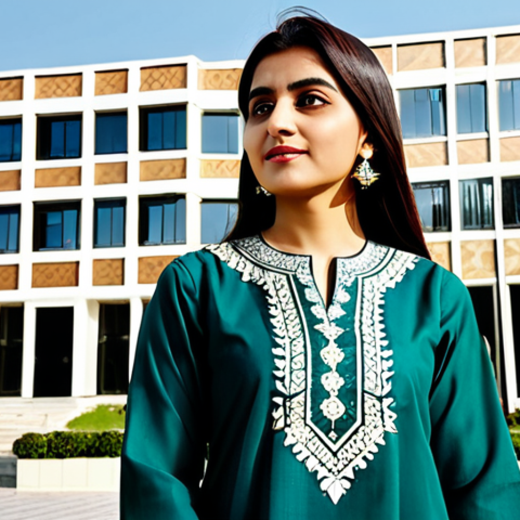 **

"A professional female architect, wearing a modest Shalwar Kameez in a vibrant, traditional Pakistani design, fully clothed, appropriate attire, stands confidently in front of a modern building she designed, showcasing intricate Islamic geometric patterns on the facade. Sunlight bathes the scene. Perfect anatomy, correct proportions, well-formed hands, natural pose, safe for work, appropriate content, family-friendly, professional."

**