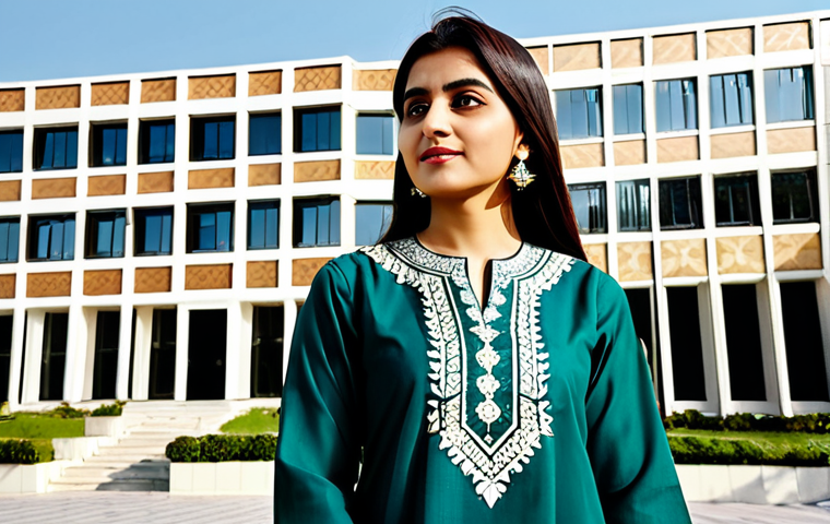 **

"A professional female architect, wearing a modest Shalwar Kameez in a vibrant, traditional Pakistani design, fully clothed, appropriate attire, stands confidently in front of a modern building she designed, showcasing intricate Islamic geometric patterns on the facade. Sunlight bathes the scene. Perfect anatomy, correct proportions, well-formed hands, natural pose, safe for work, appropriate content, family-friendly, professional."

**