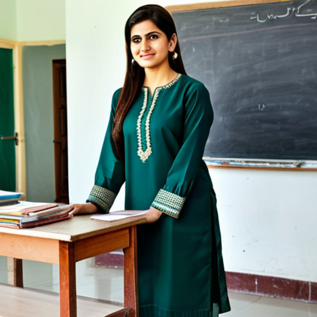 **

"A professional female teacher in Pakistan, wearing a traditional Shalwar Kameez in a classroom setting, fully clothed, appropriate attire, safe for work, perfect anatomy, natural proportions, family-friendly, high quality, showing her teaching enthusiastically."

**