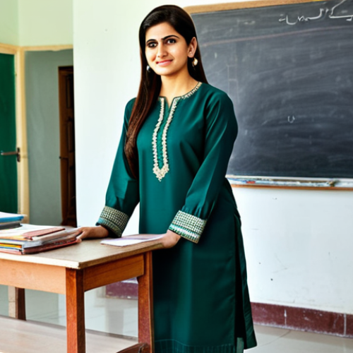 Home 30 **
"A professional female teacher in Pakistan, wearing a traditional Shalwar Kameez in a classroom setting, fully clothed, appropriate attire, safe for work, perfect anatomy, natural proportions, family-friendly, high quality, showing her teaching enthusiastically."
**