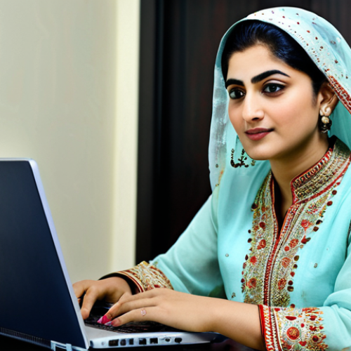 Home 29 **
"A professional Pakistani woman, fully clothed in a beautifully embroidered shalwar kameez, working on a laptop in a modern office setting in Karachi, Pakistan. The scene should evoke a sense of competence and cultural pride. Safe for work, appropriate attire, professional environment, perfect anatomy, natural pose, high quality, family-friendly."
**