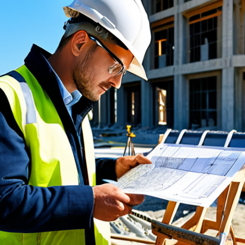 Home 14 **Prompt:** A professional architect in modest attire, reviewing blueprints on a sunny construction site, fully clothed, safe for work, perfect anatomy, natural pose, professional photography.