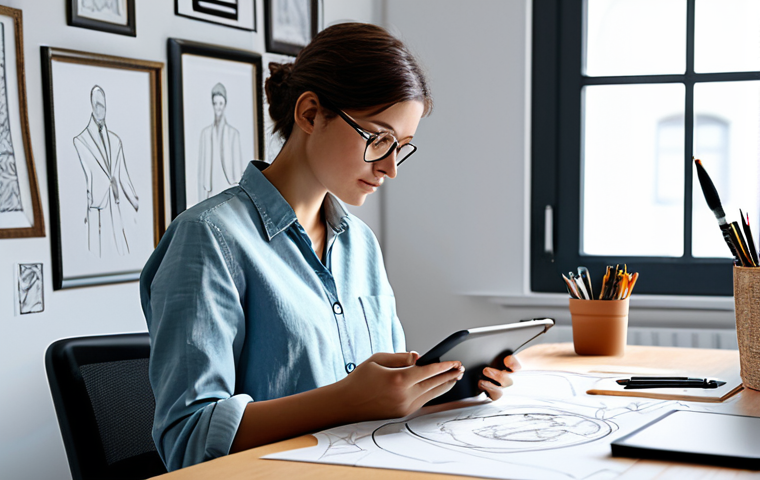 캐릭터디자인 자격증 학습을 위한 무료 자료 활용 - **Prompt:** A professional female character designer in her studio, working on a digital tablet, ful...