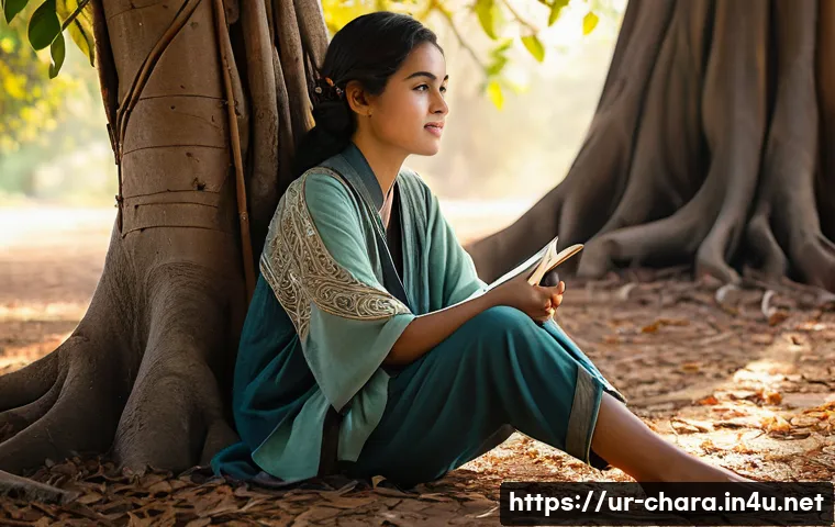 캐릭터디자인 실기 시험에서의 창의성 발휘법 - **Prompt:** A young female storyteller, aged around 20-25, sitting thoughtfully under the ancient, s...