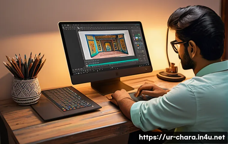 캐릭터디자인 직무의 주요 작업 도구 분석 - A professional digital artist’s workspace in a contemporary Pakistani home studio, featuring a high-...
