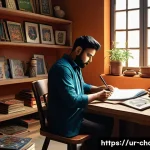 캐릭터디자이너로 성장하는 멘토링 팁 - A creative character designer's workspace set in a modern studio infused with traditional Urdu calli...