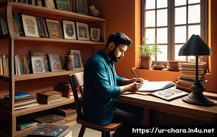 캐릭터디자이너로 성장하는 멘토링 팁 - A creative character designer's workspace set in a modern studio infused with traditional Urdu calli...