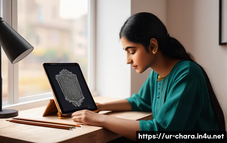 캐릭터디자인 자격증 학습에서 필요한 도구 - A detailed digital art workspace showcasing a Pakistani character designer at work, featuring an iPa...