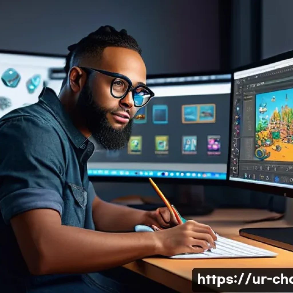 캐릭터디자인 직무의 경력 전환 사례 - A talented character designer in a modern digital art studio, surrounded by multiple computer screen...