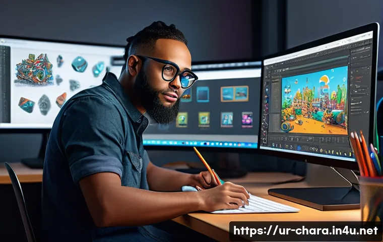캐릭터디자인 직무의 경력 전환 사례 - A talented character designer in a modern digital art studio, surrounded by multiple computer screen...