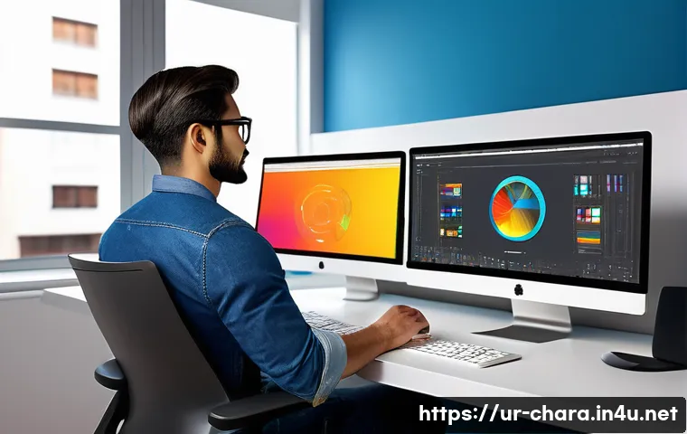 캐릭터디자인 자격증 취득 후 직무 변화 경험 - A professional character designer in a modern digital studio, working intensely on a computer with d...