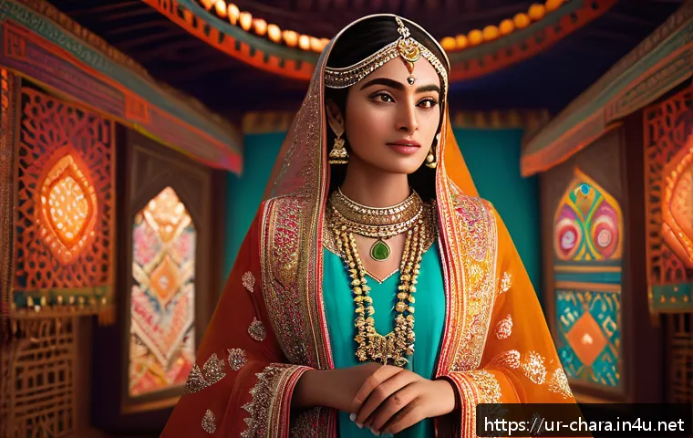 캐릭터디자인 직무에서 요구되는 최신 기술 - A highly detailed 3D character design of a young Pakistani woman wearing traditional colorful attire...