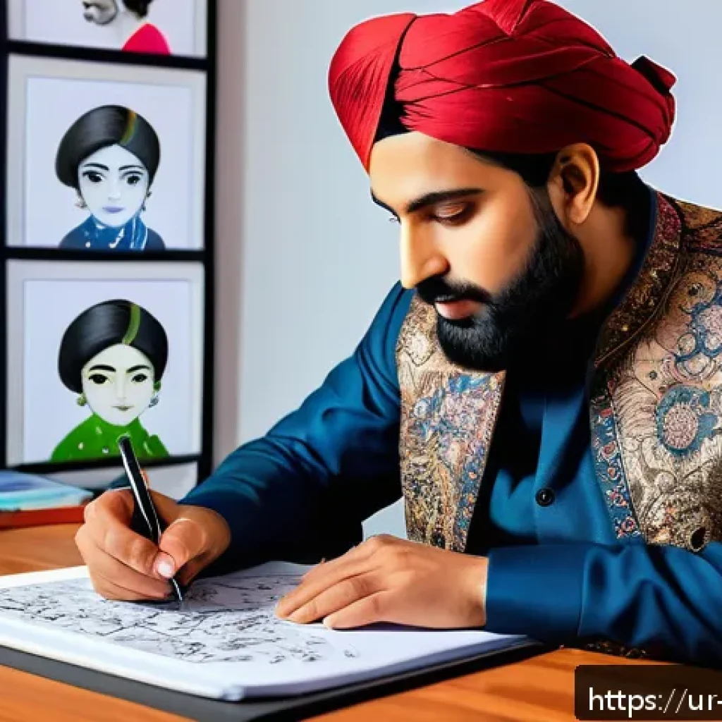 캐릭터디자인 자격증 필기 시험 준비 자료 - A creative character designer at work in a vibrant studio inspired by Urdu culture, surrounded by sk...