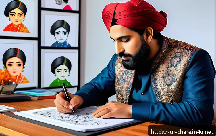 캐릭터디자인 자격증 필기 시험 준비 자료 - A creative character designer at work in a vibrant studio inspired by Urdu culture, surrounded by sk...