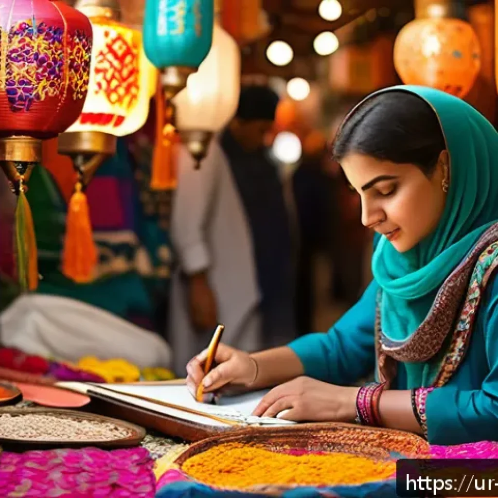 캐릭터디자인 자격증 필기와 실기 준비 팁 - A creative character designer at work in a vibrant, traditional Pakistani bazaar setting, wearing mo...