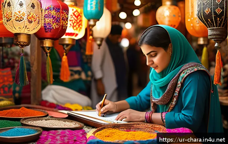 캐릭터디자인 자격증 필기와 실기 준비 팁 - A creative character designer at work in a vibrant, traditional Pakistani bazaar setting, wearing mo...