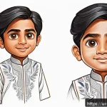 캐릭터디자인에서의 기초 드로잉 강화법 - A dynamic character design sketch featuring a young South Asian boy with large expressive eyes and s...
