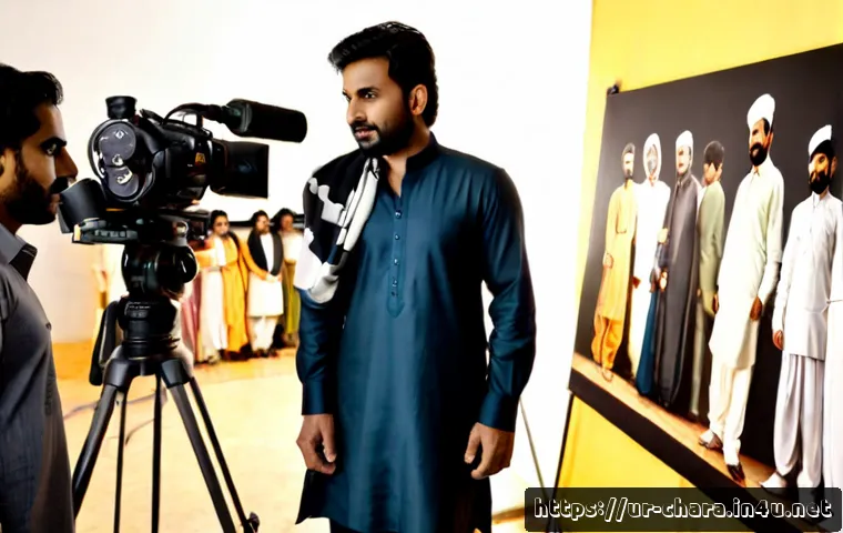 캐릭터디자인과 영화 프로덕션의 연계 - Photorealistic Pakistani film production studio in Lahore, a character designer presenting a detaile...