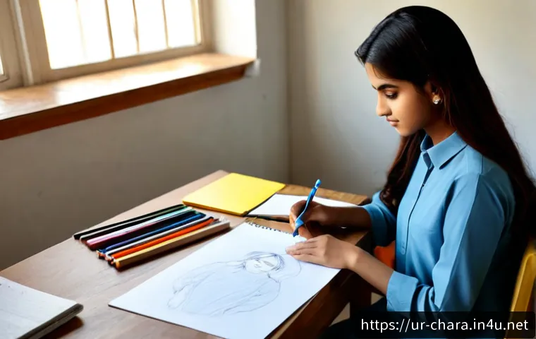 Home 17 캐릭터디자인 실기 시험의 주요 과제와 해결법 - Photorealistic character design practical exam scene in a bright Pakistani art college studio, focus...